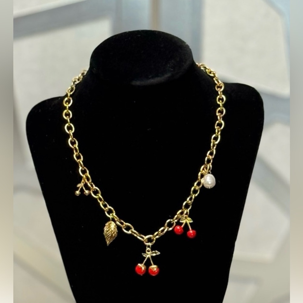 Gold Tone Cherry Charm Necklace